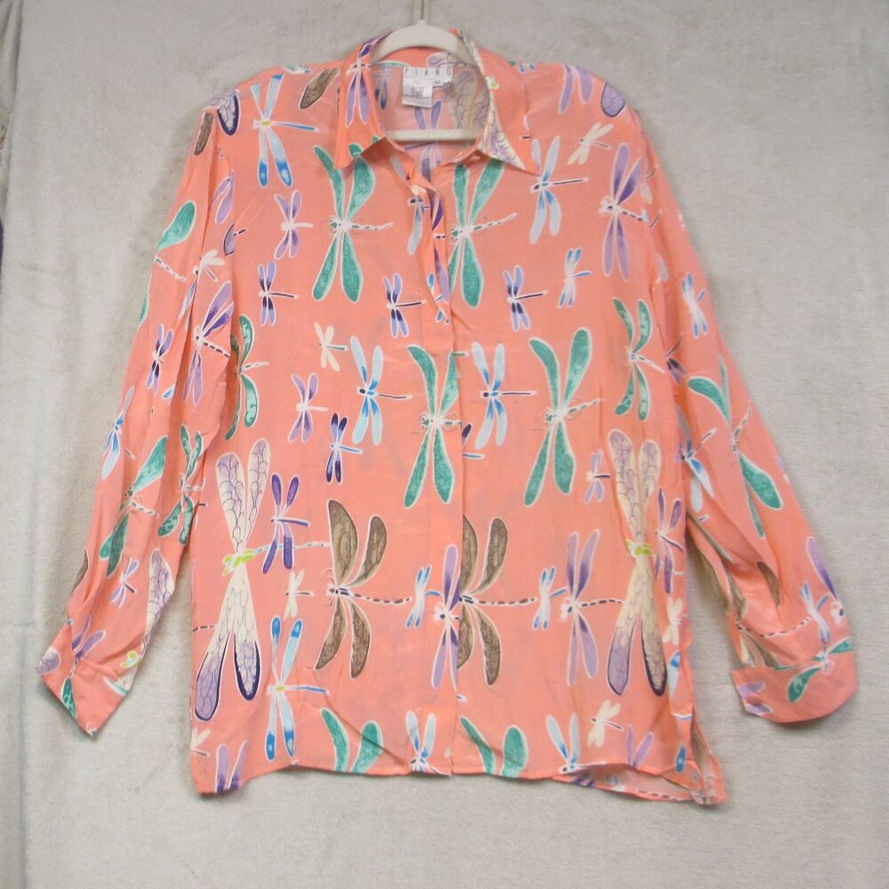 Vintage PIANO Silk Button Down Shirt Size XL Colorful Dragonfly